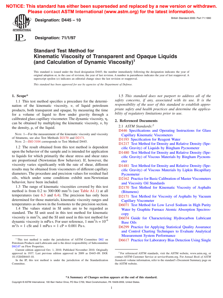 ASTM D445-10 - Standard Test Method for Kinematic Viscosity of Transparent and Opaque Liquids (and Calculation of Dynamic Viscosity)