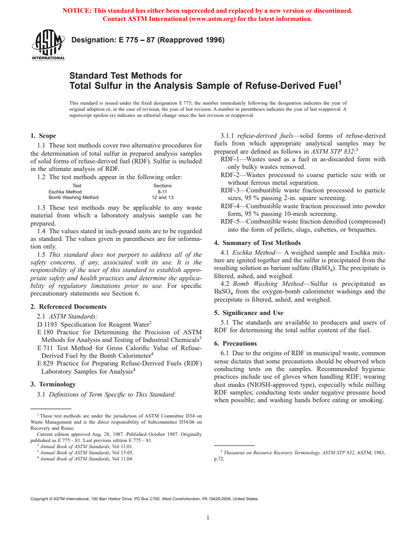 ASTM E775-87(1996) - Standard Test Methods for Total Sulfur in the Analysis Sample of Refuse-Derived Fuel