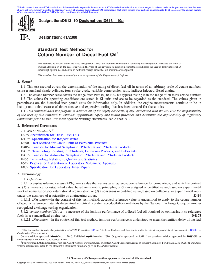 REDLINE ASTM D613-10a - Standard Test Method for Cetane Number of Diesel Fuel Oil