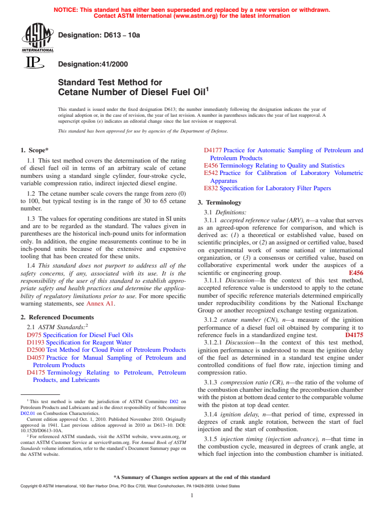 ASTM D613-10a - Standard Test Method for Cetane Number of Diesel Fuel Oil