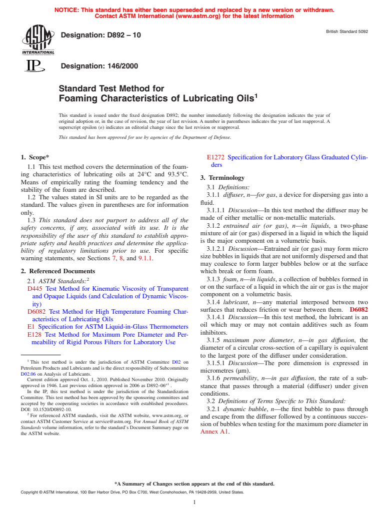 ASTM D892-10 - Standard Test Method for Foaming Characteristics of Lubricating Oils