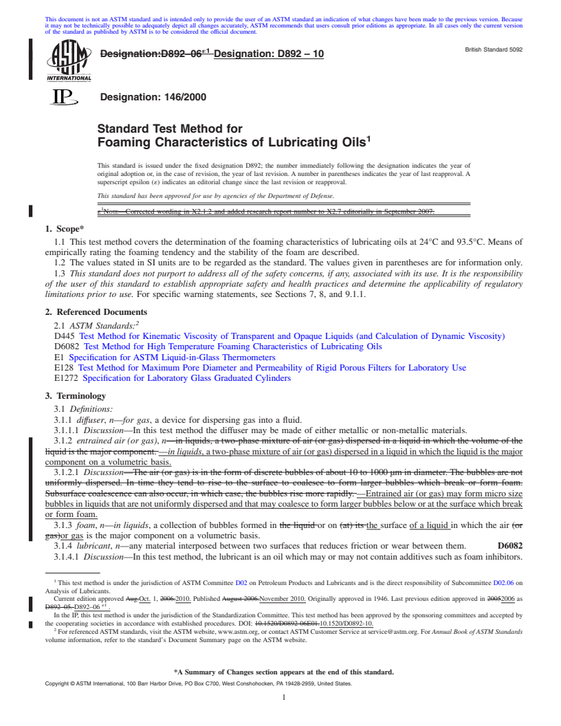 REDLINE ASTM D892-10 - Standard Test Method for Foaming Characteristics of Lubricating Oils