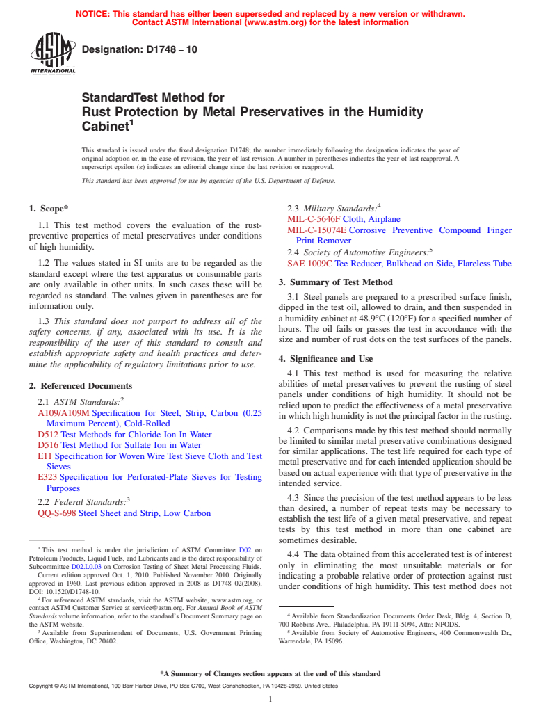 ASTM D1748-10 - Standard Test Method for Rust Protection by Metal Preservatives in the Humidity Cabinet