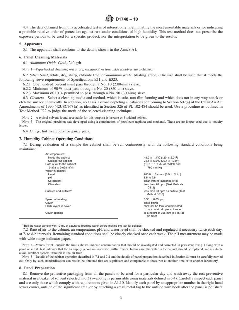 REDLINE ASTM D1748-10 - Standard Test Method for Rust Protection by Metal Preservatives in the Humidity Cabinet