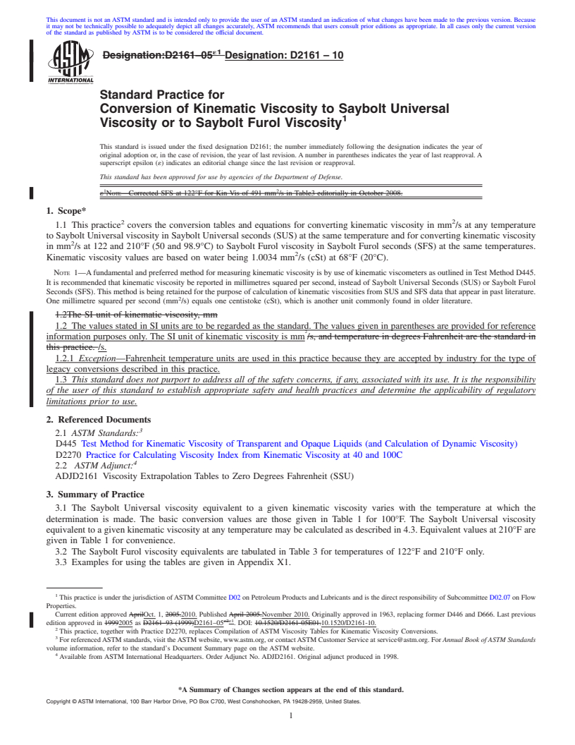 REDLINE ASTM D2161-10 - Standard Practice for Conversion of Kinematic Viscosity to Saybolt Universal Viscosity or to Saybolt Furol Viscosity