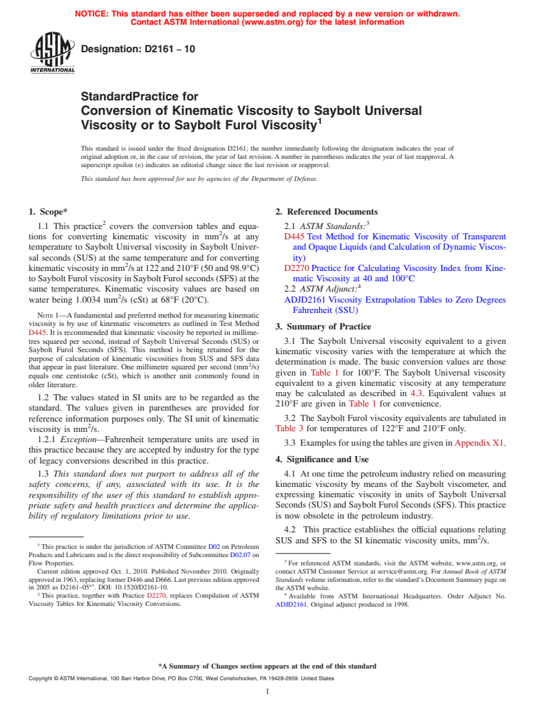 ASTM D2161-10 - Standard Practice for Conversion of Kinematic Viscosity to Saybolt Universal Viscosity or to Saybolt Furol Viscosity