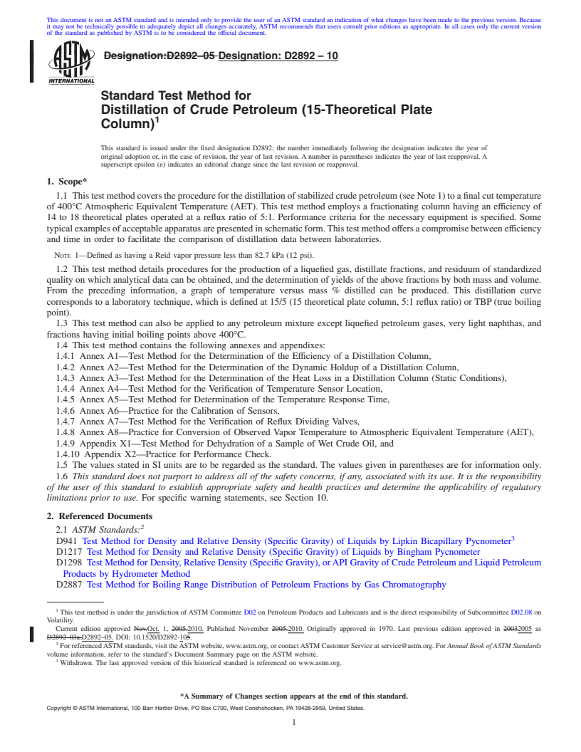 REDLINE ASTM D2892-10 - Standard Test Method for Distillation of Crude Petroleum (15-Theoretical Plate Column)