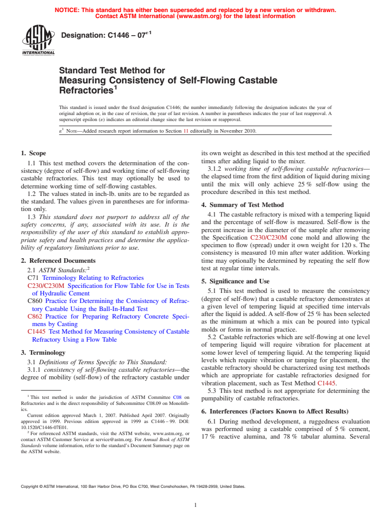 ASTM C1446-07e1 - Standard Test Method for Measuring Consistency of Self-Flowing Castable Refractories