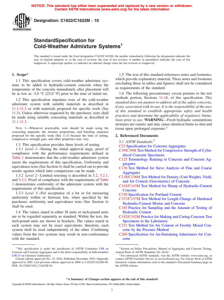 ASTM C1622/C1622M-10 - Standard Specification for Cold-Weather Admixture Systems