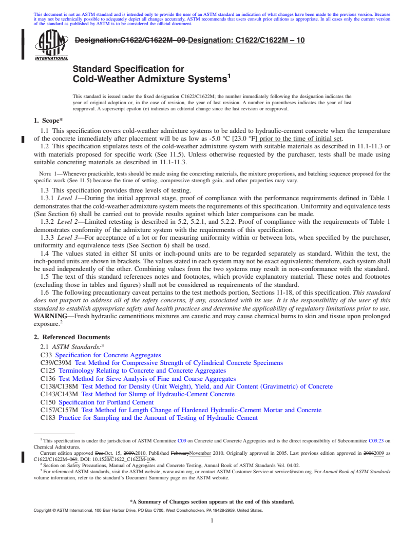 REDLINE ASTM C1622/C1622M-10 - Standard Specification for Cold-Weather Admixture Systems