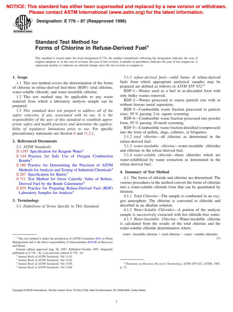 ASTM E776-87(1996) - Standard Test Method for Forms of Chlorine in Refuse-Derived Fuel