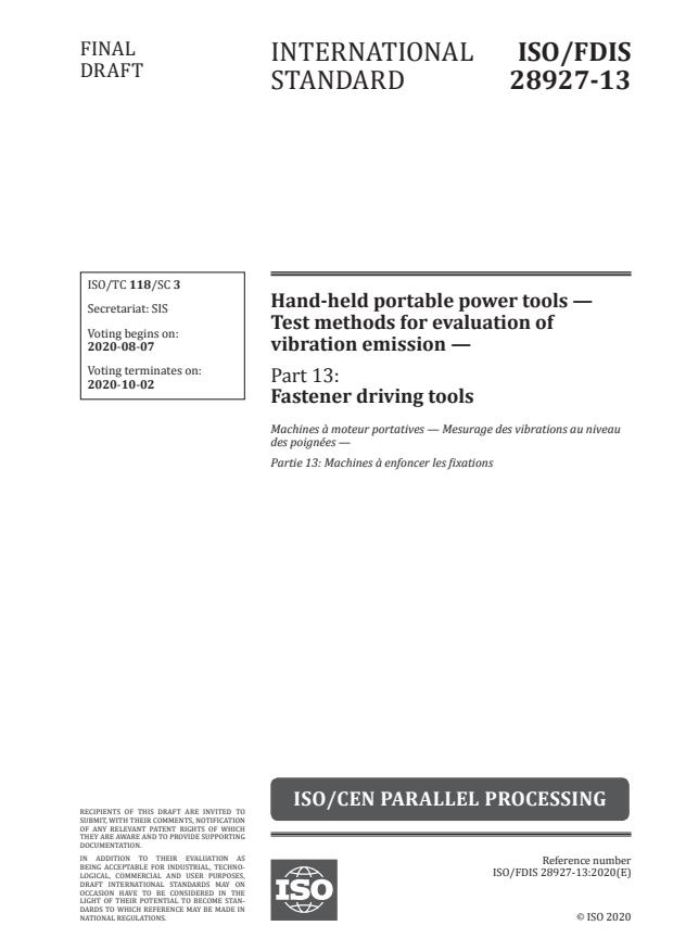 ISO/FDIS 28927-13:Version 13-okt-2020 - Hand-held portable power tools -- Test methods for evaluation of vibration emission