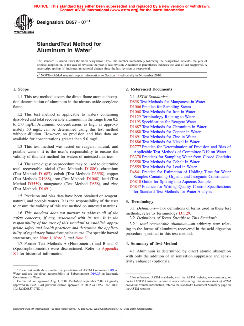 ASTM D857-07e1 - Standard Test Method for Aluminum in Water