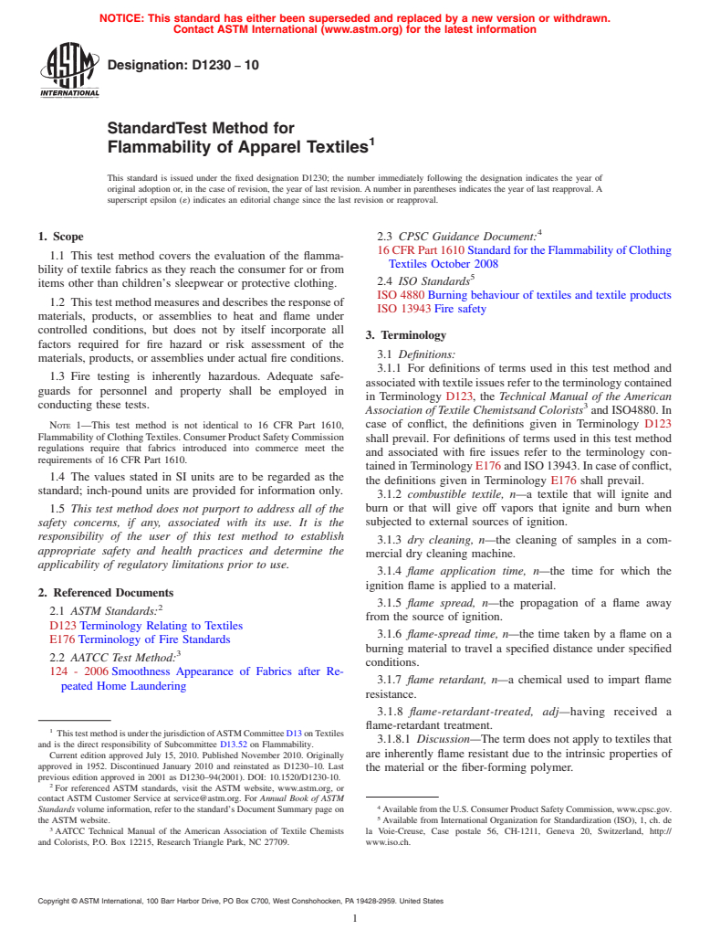 ASTM D1230-10 - Standard Test Method for Flammability of Apparel Textiles