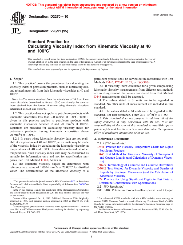 ASTM D2270-10 - Standard Practice for Calculating Viscosity Index From Kinematic Viscosity at 40 and 100&#176C