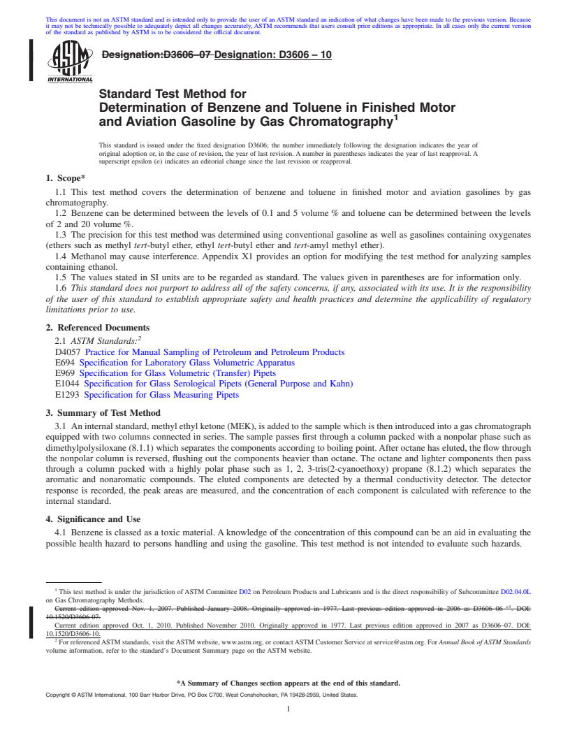 REDLINE ASTM D3606-10 - Standard Test Method for Determination of Benzene and Toluene in Finished Motor and Aviation Gasoline by Gas Chromatography