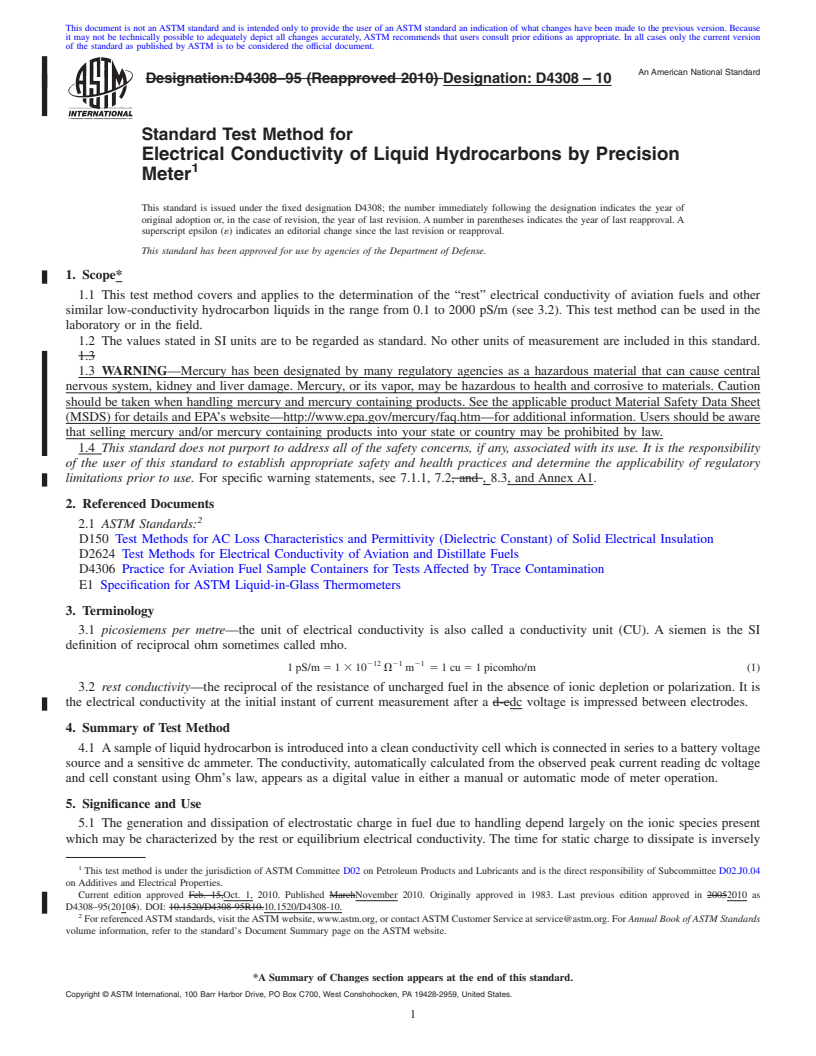 REDLINE ASTM D4308-10 - Standard Test Method for Electrical Conductivity of Liquid Hydrocarbons by Precision Meter