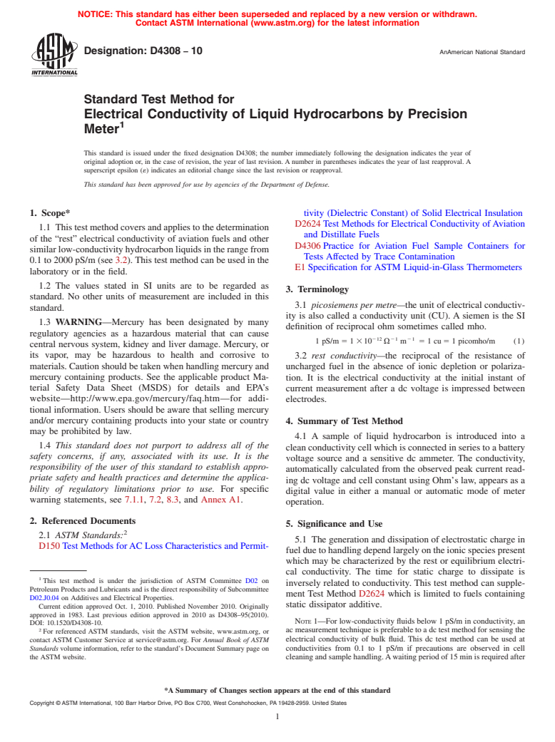 ASTM D4308-10 - Standard Test Method for Electrical Conductivity of Liquid Hydrocarbons by Precision Meter