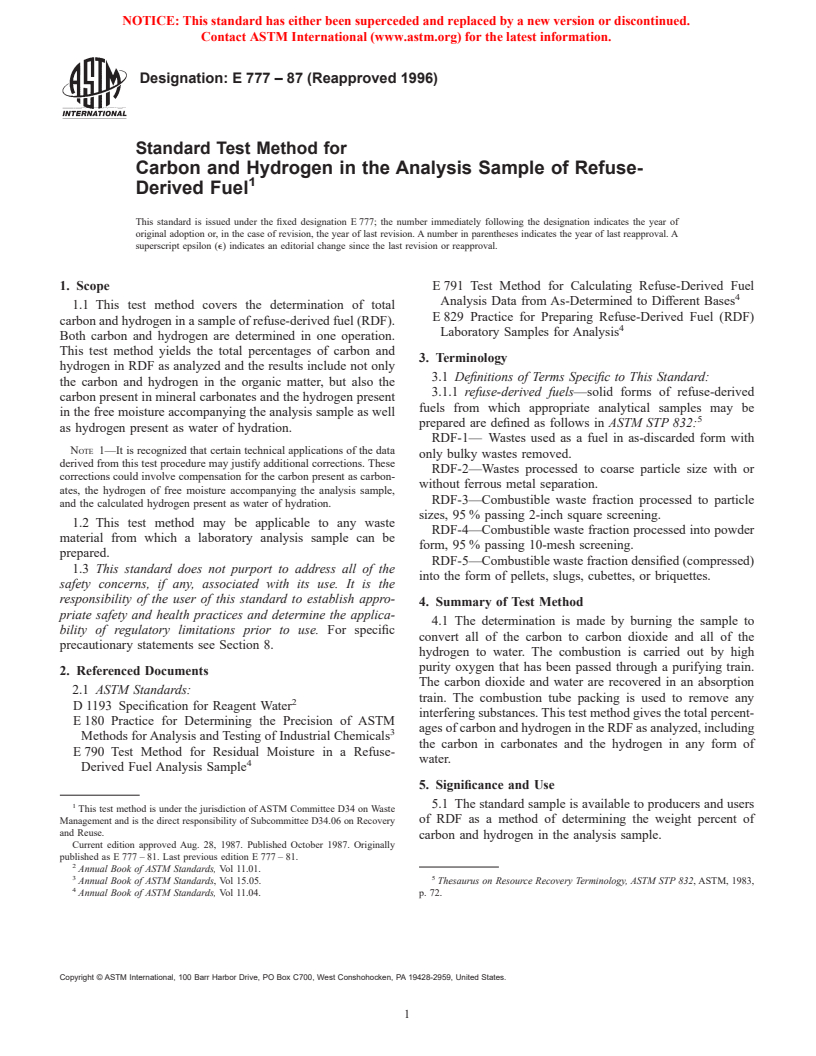 ASTM E777-87(1996) - Standard Test Method for Carbon and Hydrogen in the Analysis Sample of Refuse-Derived Fuel