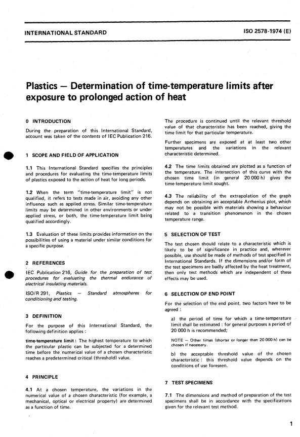 ISO 2578:1974 - Plastics -- Determination of time-temperature limits after exposure to prolonged action of heat