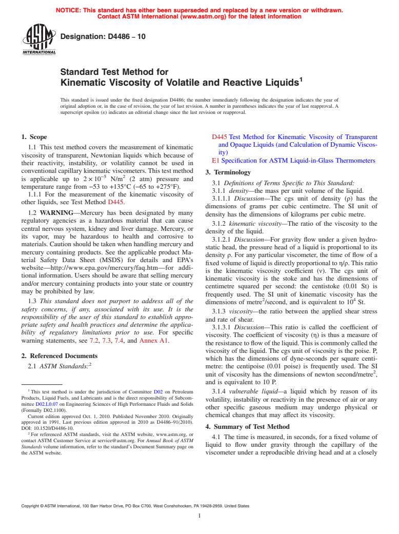 ASTM D4486-10 - Standard Test Method for Kinematic Viscosity of Volatile and Reactive Liquids