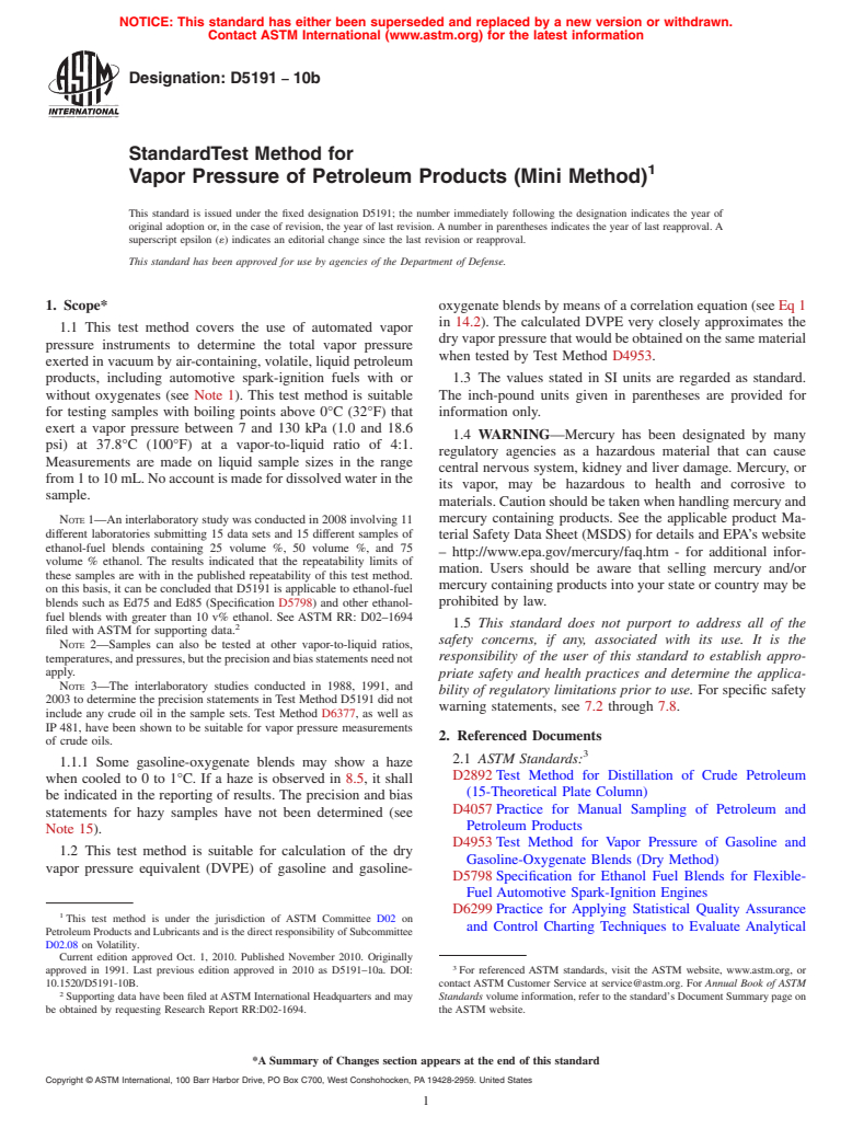 ASTM D5191-10b - Standard Test Method for Vapor Pressure of Petroleum Products (Mini Method)