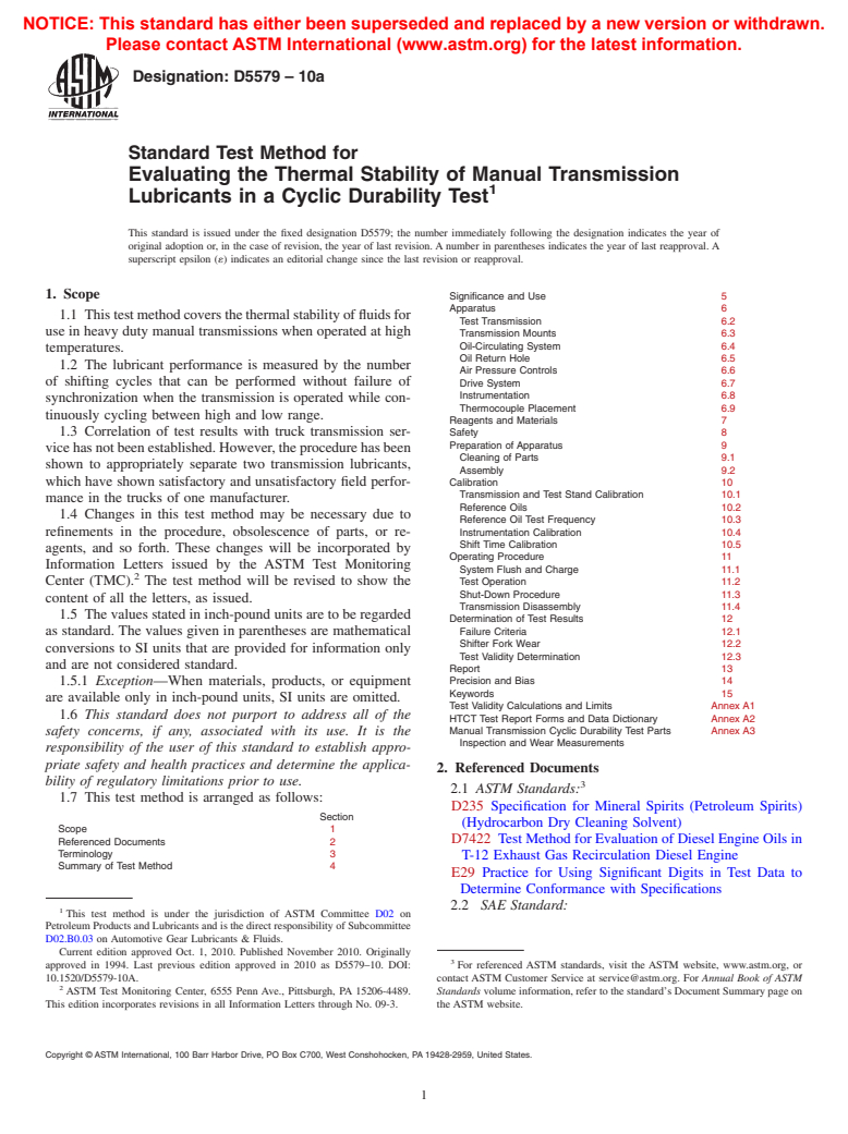 ASTM D5579-10a - Standard Test Method for Evaluating the Thermal Stability of Manual Transmission Lubricants in a Cyclic Durability Test