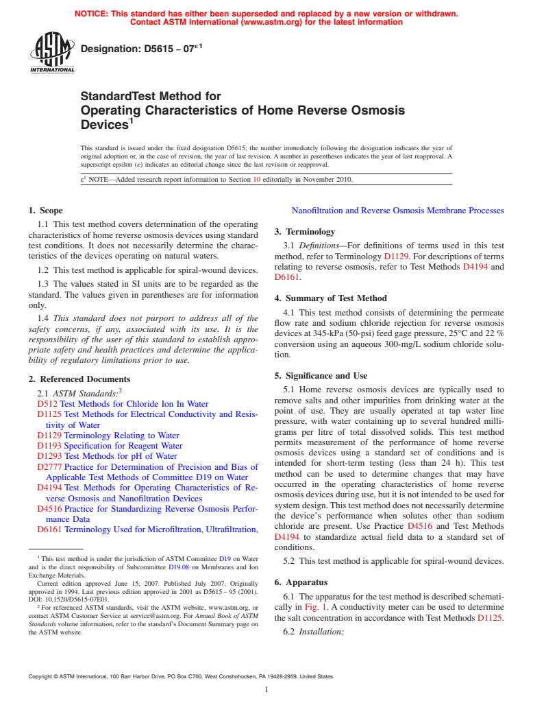 ASTM D5615-07e1 - Standard Test Method for Operating Characteristics of Home Reverse Osmosis Devices (Withdrawn 2016)