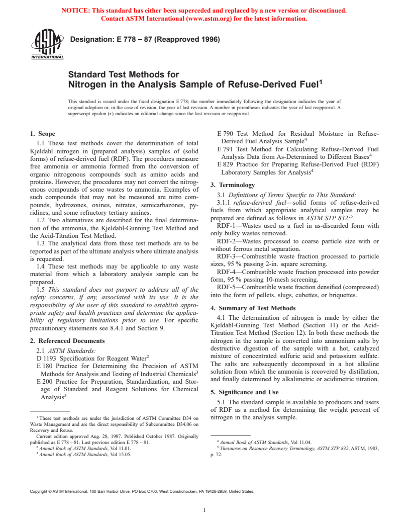 ASTM E778-87(1996) - Standard Test Methods for Nitrogen in the Analysis Sample of Refuse-Derived Fuel