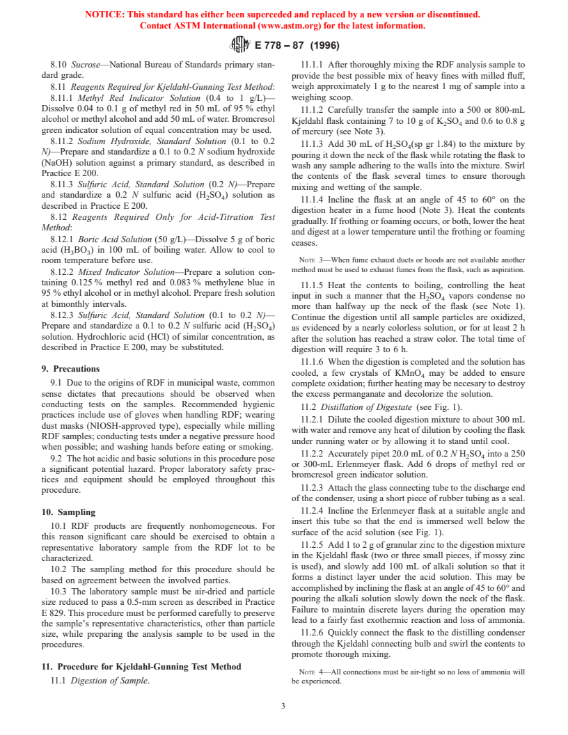 ASTM E778-87(1996) - Standard Test Methods for Nitrogen in the Analysis Sample of Refuse-Derived Fuel