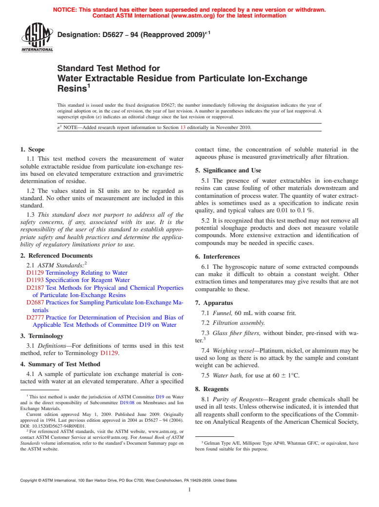 ASTM D5627-94(2009)e1 - Standard Test Method for Water Extractable Residue from Particulate Ion-Exchange Resins