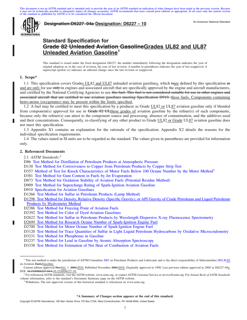 REDLINE ASTM D6227-10 - Standard Specification for Grades UL82 and UL87 Unleaded Aviation Gasoline