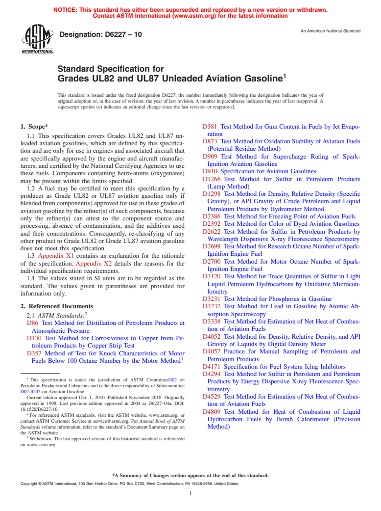 ASTM D6227-10 - Standard Specification for Grades UL82 and UL87 Unleaded Aviation Gasoline