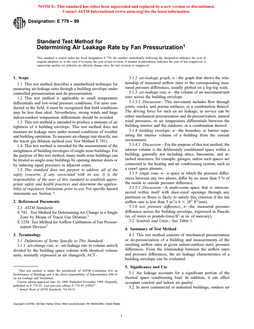 ASTM E779-99 - Standard Test Method for Determining Air Leakage Rate by Fan Pressurization