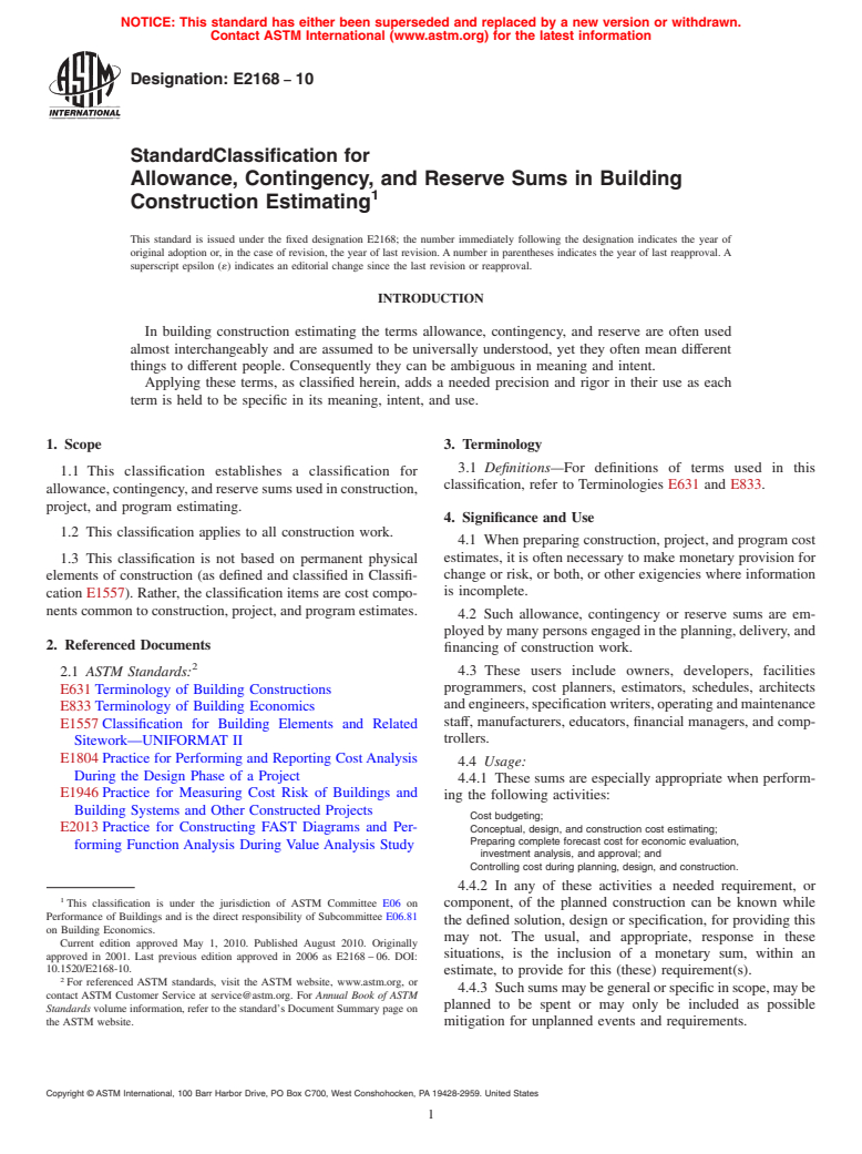 ASTM E2168-10 - Standard Classification for Allowance, Contingency and Reserve Sums in Building Construction Estimating