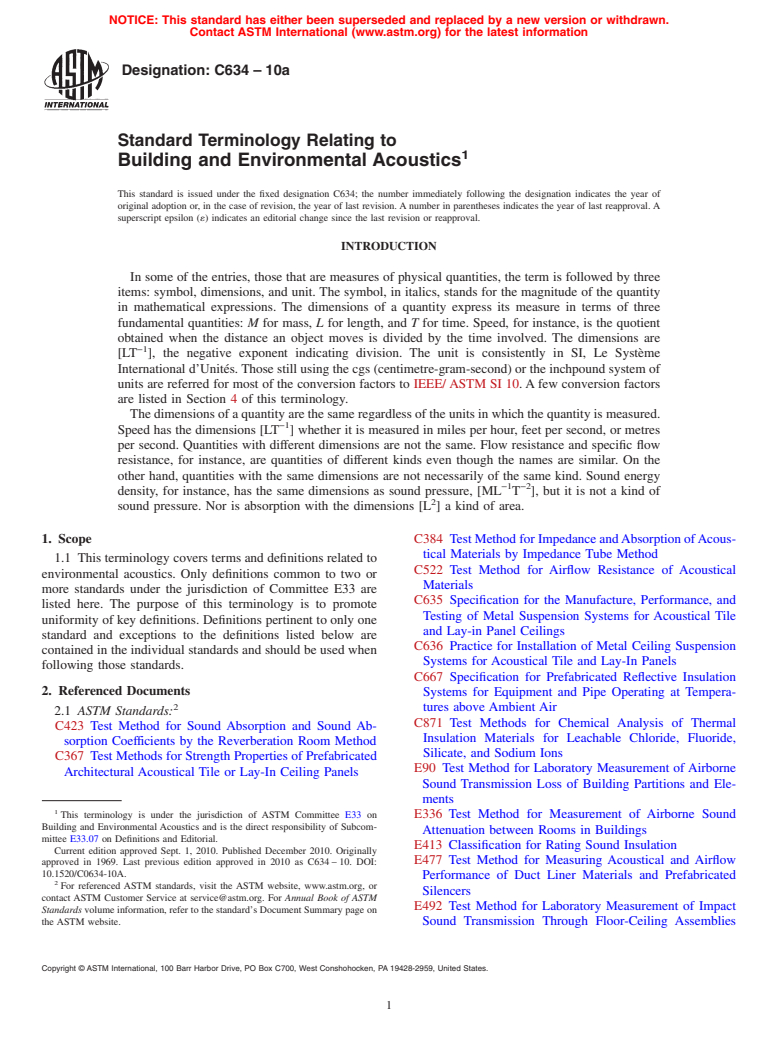 ASTM C634-10a - Standard Terminology Relating to  Building and Environmental Acoustics