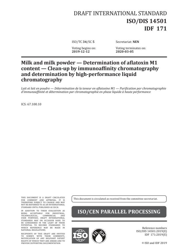 ISO/DIS 14501 - Milk and milk powder -- Determination of aflatoxin M1 ...