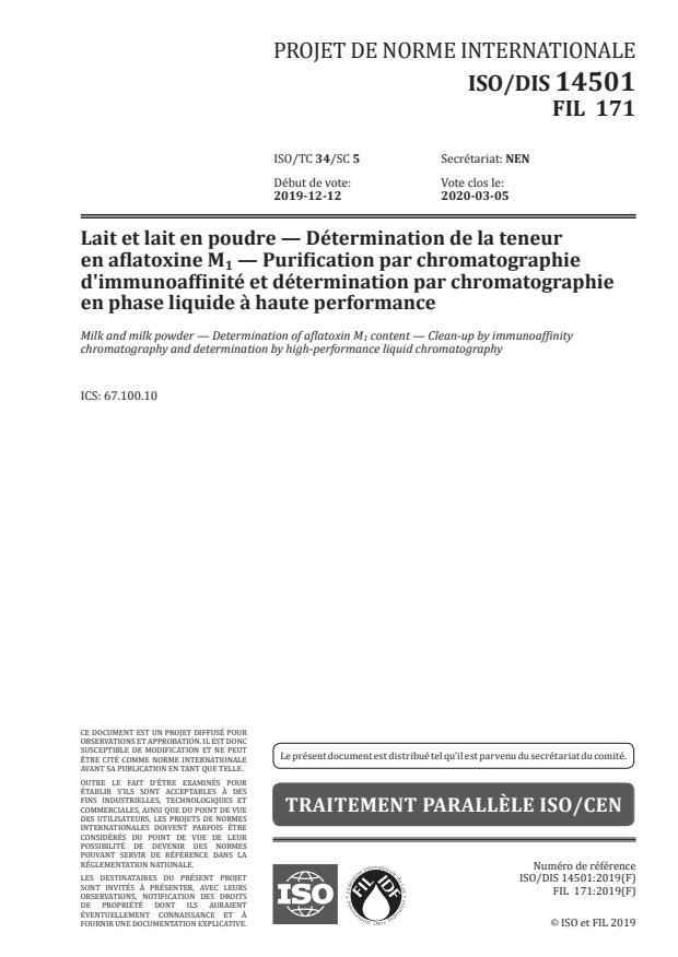 ISO/DIS 14501 - Milk and milk powder -- Determination of aflatoxin M1 ...