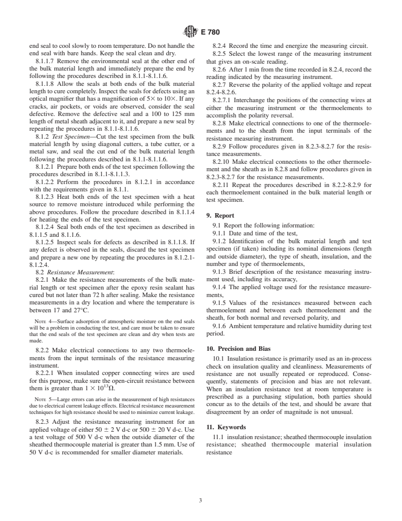 ASTM E780-92(1998) - Standard Test Method for Measuring the Insulation Resistance of Sheathed Thermocouple Material at Room Temperature