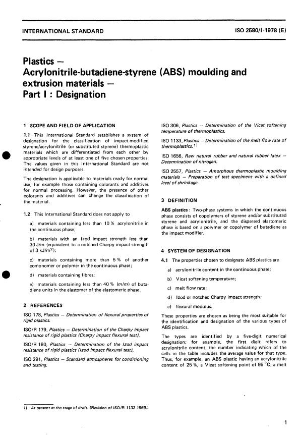 ISO 2580-1:1978 - Plastics -- Acrylonitrile-butadiene-styrene (ABS) moulding and extrusion materials