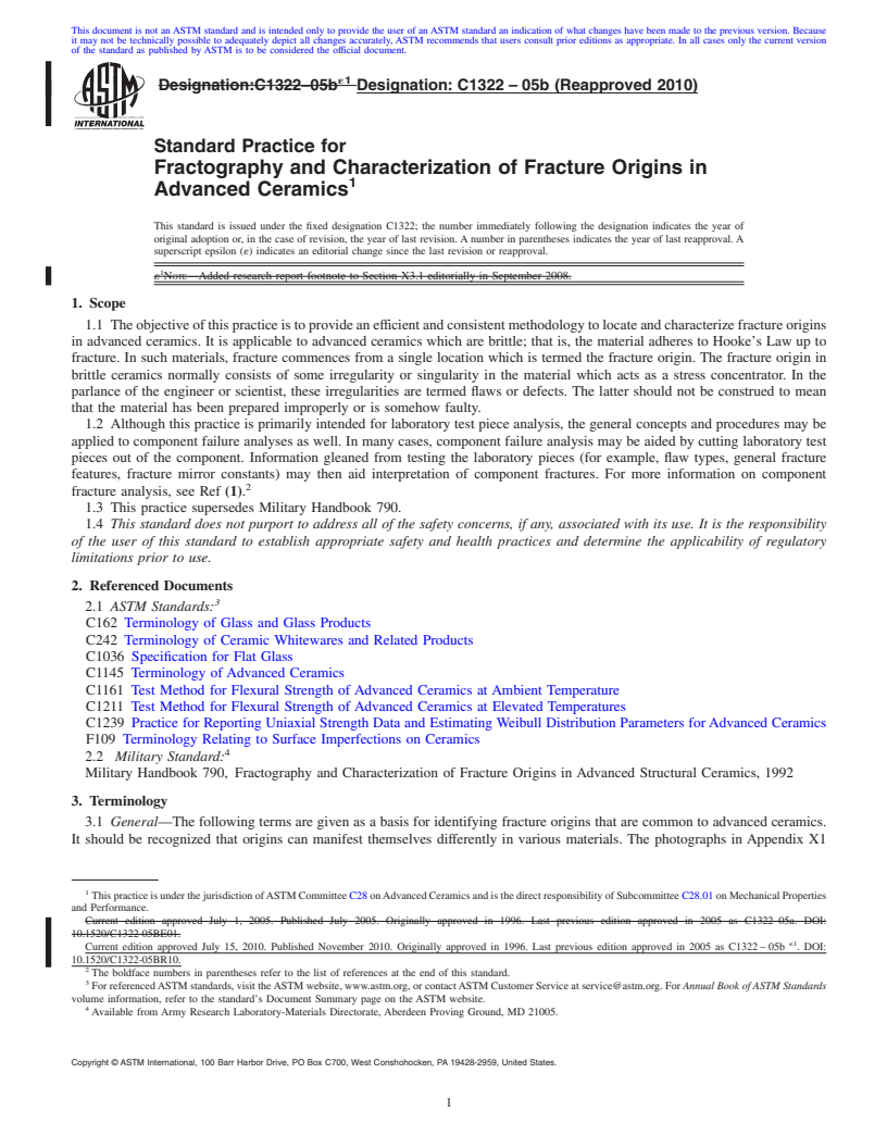 REDLINE ASTM C1322-05b(2010) - Standard Practice for Fractography and Characterization of Fracture Origins in Advanced Ceramics