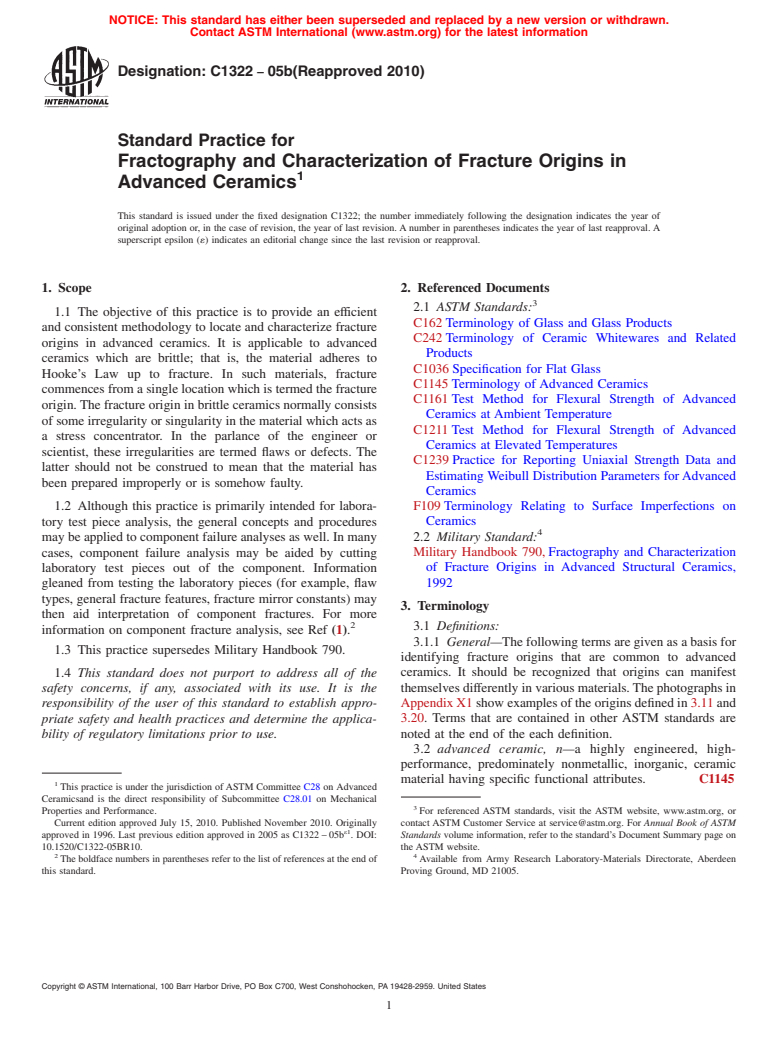 ASTM C1322-05b(2010) - Standard Practice for Fractography and Characterization of Fracture Origins in Advanced Ceramics