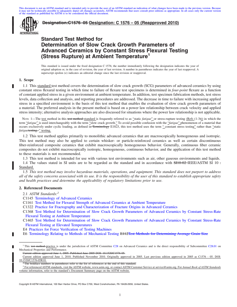 REDLINE ASTM C1576-05(2010) - Standard Test Method for Determination of Slow Crack Growth Parameters of Advanced Ceramics by Constant Stress Flexural Testing (Stress Rupture) at Ambient Temperature