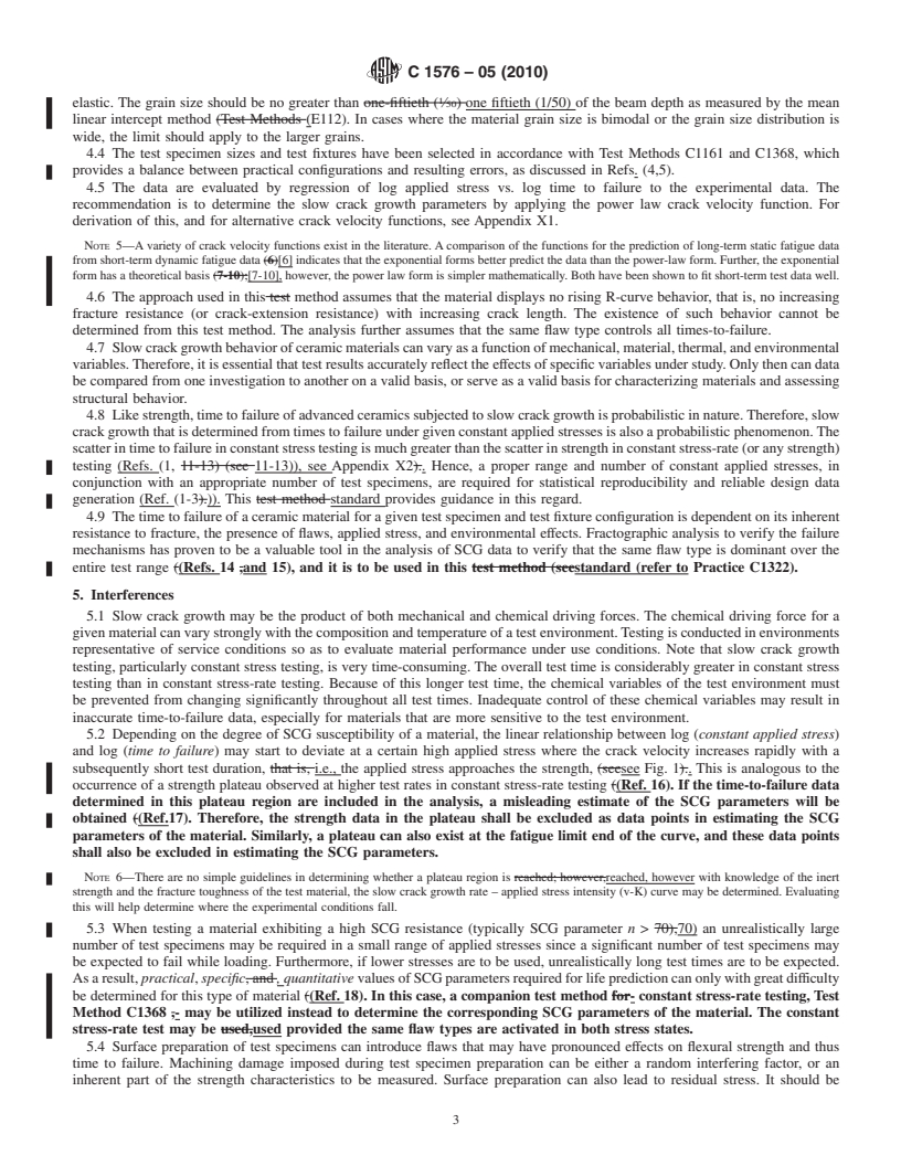 REDLINE ASTM C1576-05(2010) - Standard Test Method for Determination of Slow Crack Growth Parameters of Advanced Ceramics by Constant Stress Flexural Testing (Stress Rupture) at Ambient Temperature