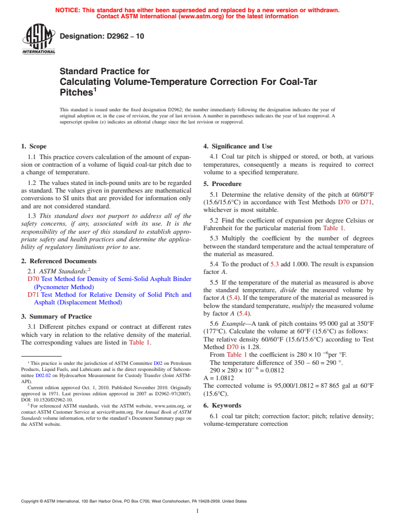 ASTM D2962-10 - Standard Practice for Calculating Volume-Temperature Correction For Coal-Tar Pitches