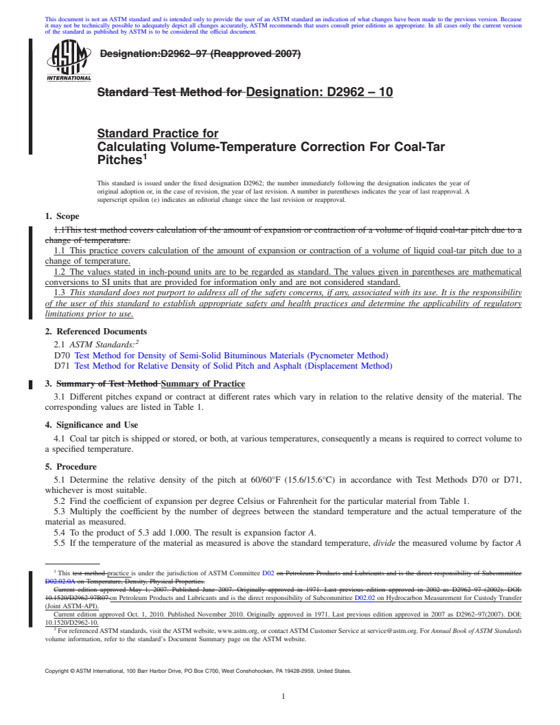 REDLINE ASTM D2962-10 - Standard Practice for Calculating Volume-Temperature Correction For Coal-Tar Pitches