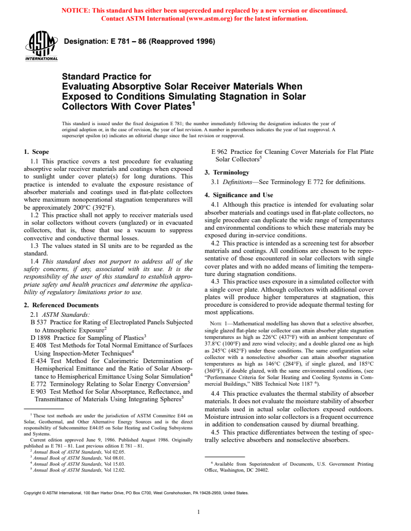 ASTM E781-86(1996) - Standard Practice for Evaluating Absorptive Solar Receiver Materials When Exposed to Conditions Simulating Stagnation in Solar Collectors With Cover Plates