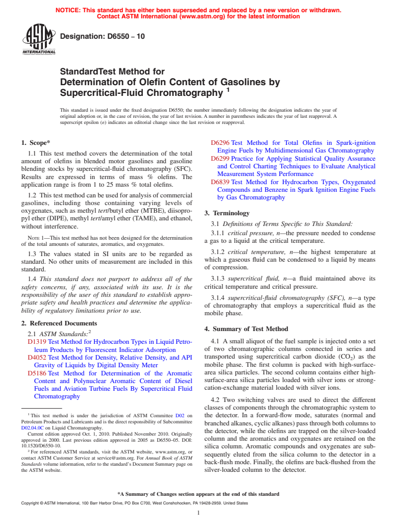 ASTM D6550-10 - Standard Test Method for Determination of Olefin Content of Gasolines by Supercritical-Fluid Chromatography