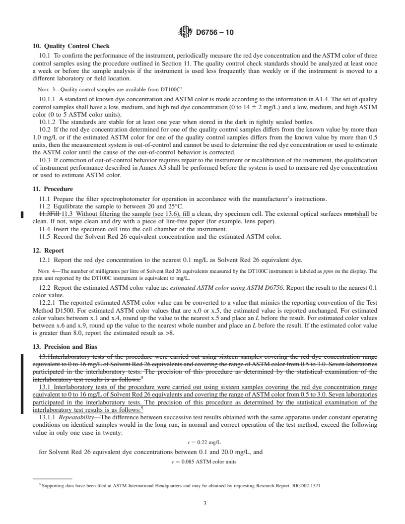 REDLINE ASTM D6756-10 - Standard Test Method for Determination of the Red Dye Concentration and Estimation of the ASTM Color of Diesel Fuel and Heating Oil Using a Portable Visible Spectrophotometer