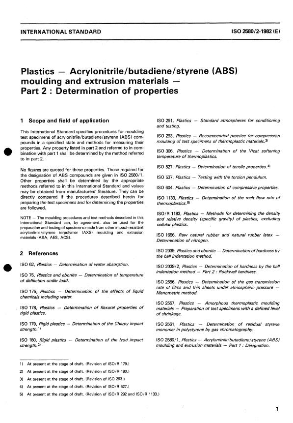 ISO 2580-2:1982 - Plastics -- Acrylonitrile/butadiene/styrene (ABS) moulding and extrusion materials